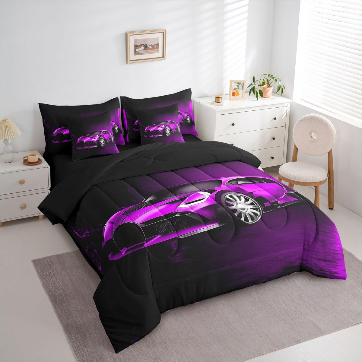 Feelyou Sports Car 7 Piece Bedding Set Purple Race Car Comforter Set with Sheets for Kids Boys Girls Extreme Sports Bed in a Bag Cool Speed Luxury Car Decor Quilt with 2 Pillowcases Queen