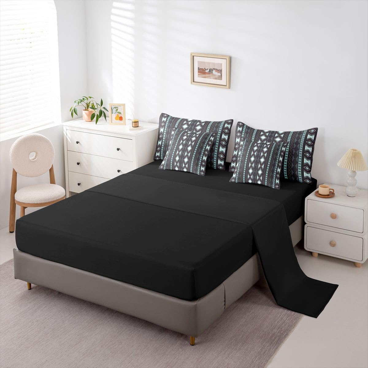 Bohemian Bed in a Bag Queen Comforter Set 7-Piece Boho Striped Aztec Bedding Sets Geometric Triangle Western Comforter and Sheet Set, Country Rustic Bed Sets Exotic Nordic Southwestern Decor,Black