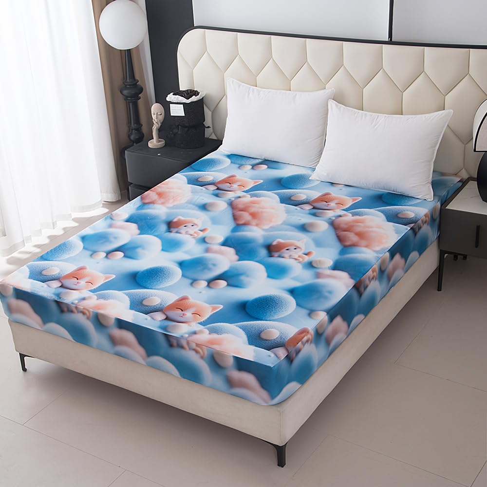 NATURETY Bedding Fitted Sheet with Deep Pocket,3D Simulated Cats Pattern Printed Fabric Bed Sheets (Blue Cats,Queen)