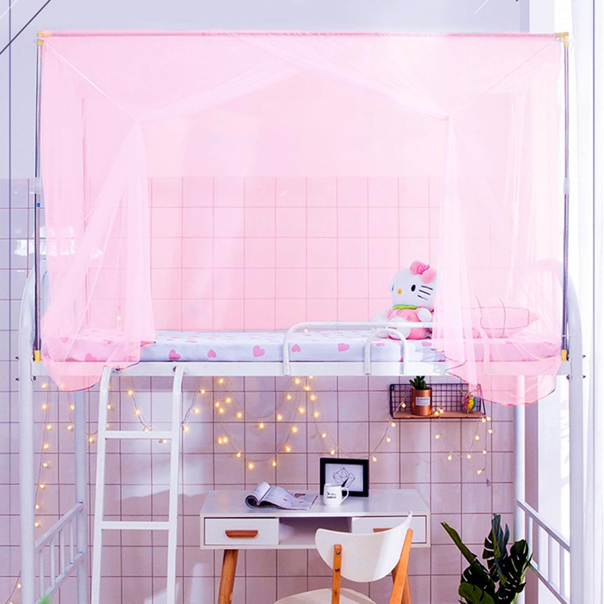 Eimilaly 8-Corner Bed Canopy Curtains for Girls, Boys, Dormitory, Loft Beds & Outdoor Camping, Fits 1.8M Single Bed - Pink