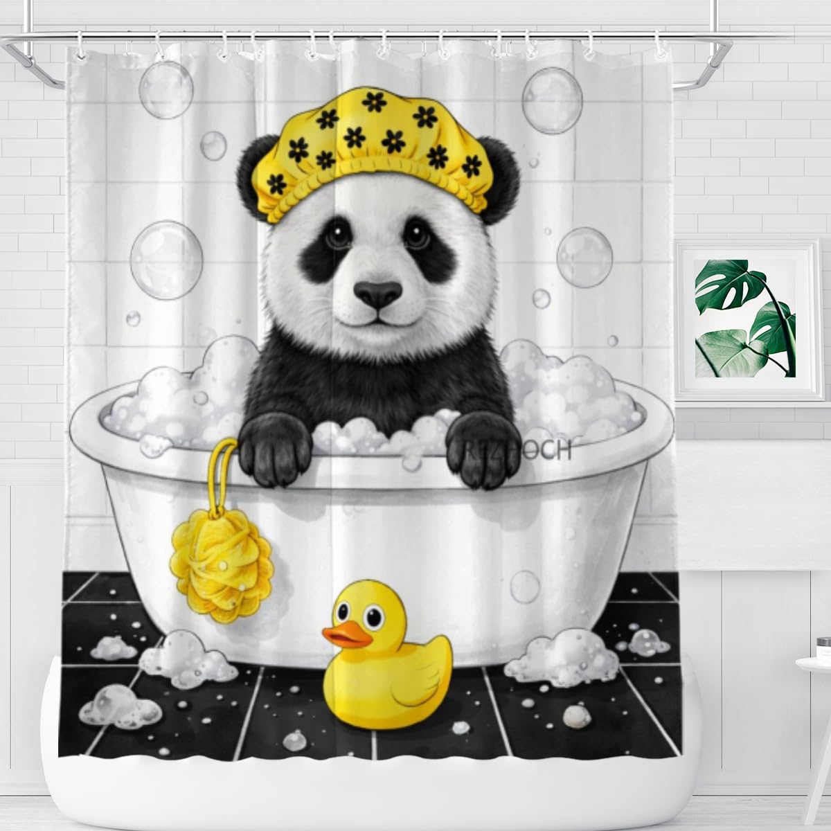 REZHOCH Cute Panda Shower Curtain 72x72Inch,Funny Animal Bathtub Bathing Yellow Shower Cap Rubber Duck Home Bathroom Decor Bath Set for Kids Waterproof Fabric with 12 Hooks