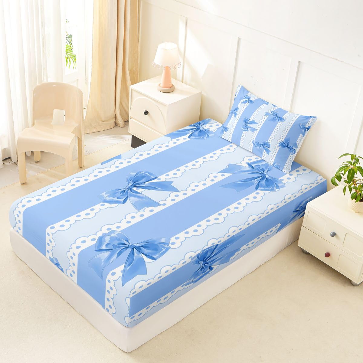 jejeloiu Blue Bow Stripe Bowknot Fitted Sheet Twin Size for Kids Boys Girls Ribbon Cute Kawaii Bed Sheets Set 16" Deep Pocket Dreamy Princess Bowknot Bedding with 1 Pillowcase Room Decor