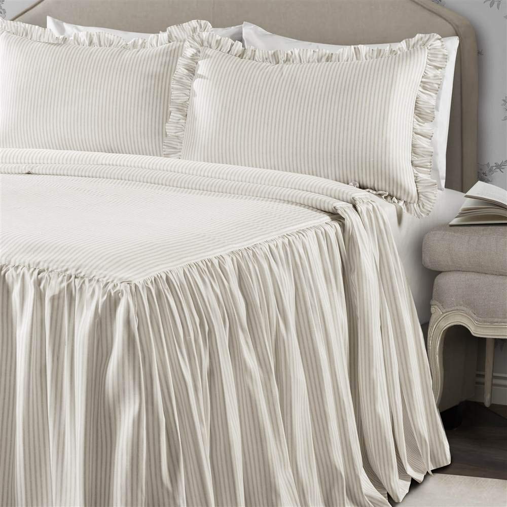 Lush Decor Ticking Stripe Bedspread Queen Size 3 Piece Set Wheat - Ruffle Bedding Set Queen Bedspreads - Striped Bedding - Farmhouse & Coquette Decor