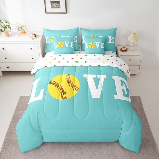 Feelyou Softball Bedding Set for Softball Lover Ball Sports Theme Bedding Twin Comforter Set Girls Women Bright Teal Yellow Room Decorative Comforter Set 7 Piece Twin Size Girly Bed Set Bed in a Bag