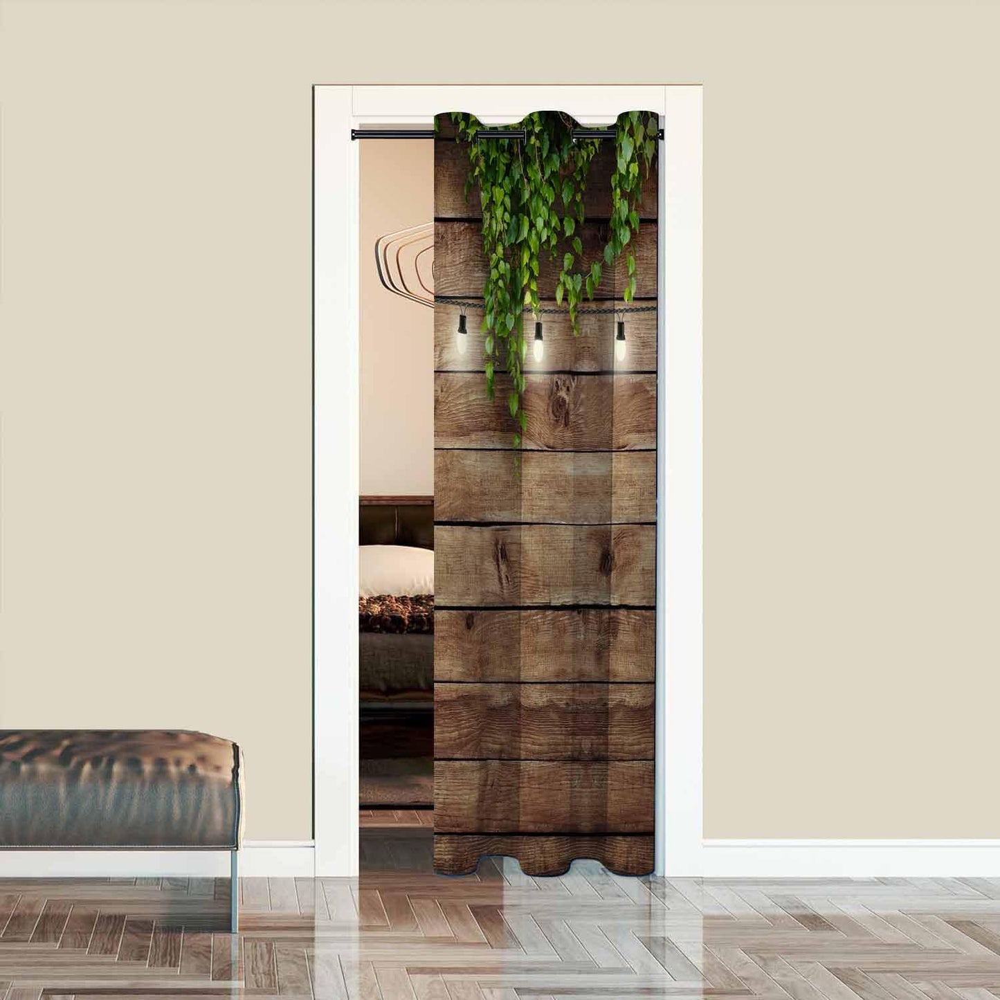 Haciadan Wooden Board Door Curtain Garland Lamps Green Leaves Doorway Curtain Blackout for Bedroom Living Room,34x80 Inch 1 Panel