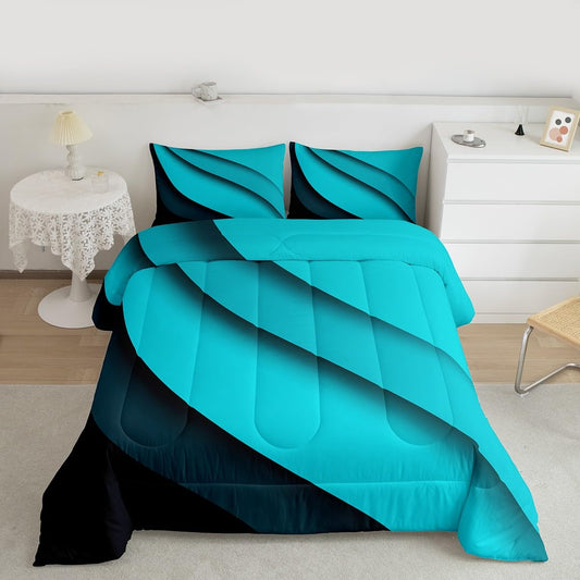 jejeloiu Geometric Bedding Set Full Blue Black Abstract Stripes Comforter Set for Kids Abstract Art Comforter Women Men Teens Soft Lines Decor Quilt Boys