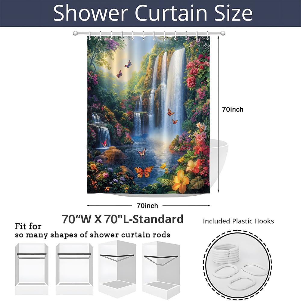 ZFMRZF Forest Waterfall Shower Curtain Butterfly Spring Jungle Rainforest Wonderland Fantasy Tropical Fairy Tale World Flower Nature Landscape Bathroom Polyester Curtains Set with Hooks 70x70 Inch