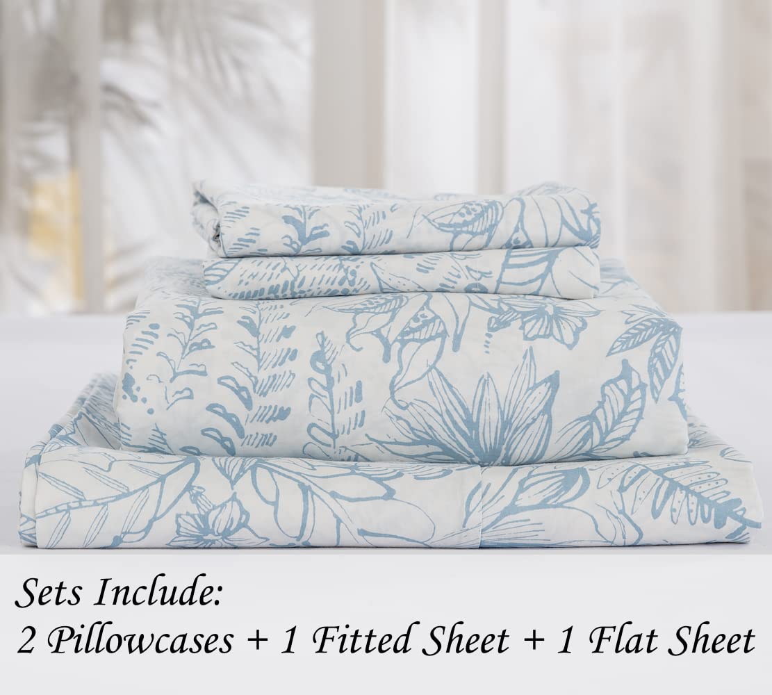 DAUAOTO Cotton Sheets Set King Size 4 Pieces Flower Bedding Sets, Aqua Blue Floral Pattern, Up to 14" Deep