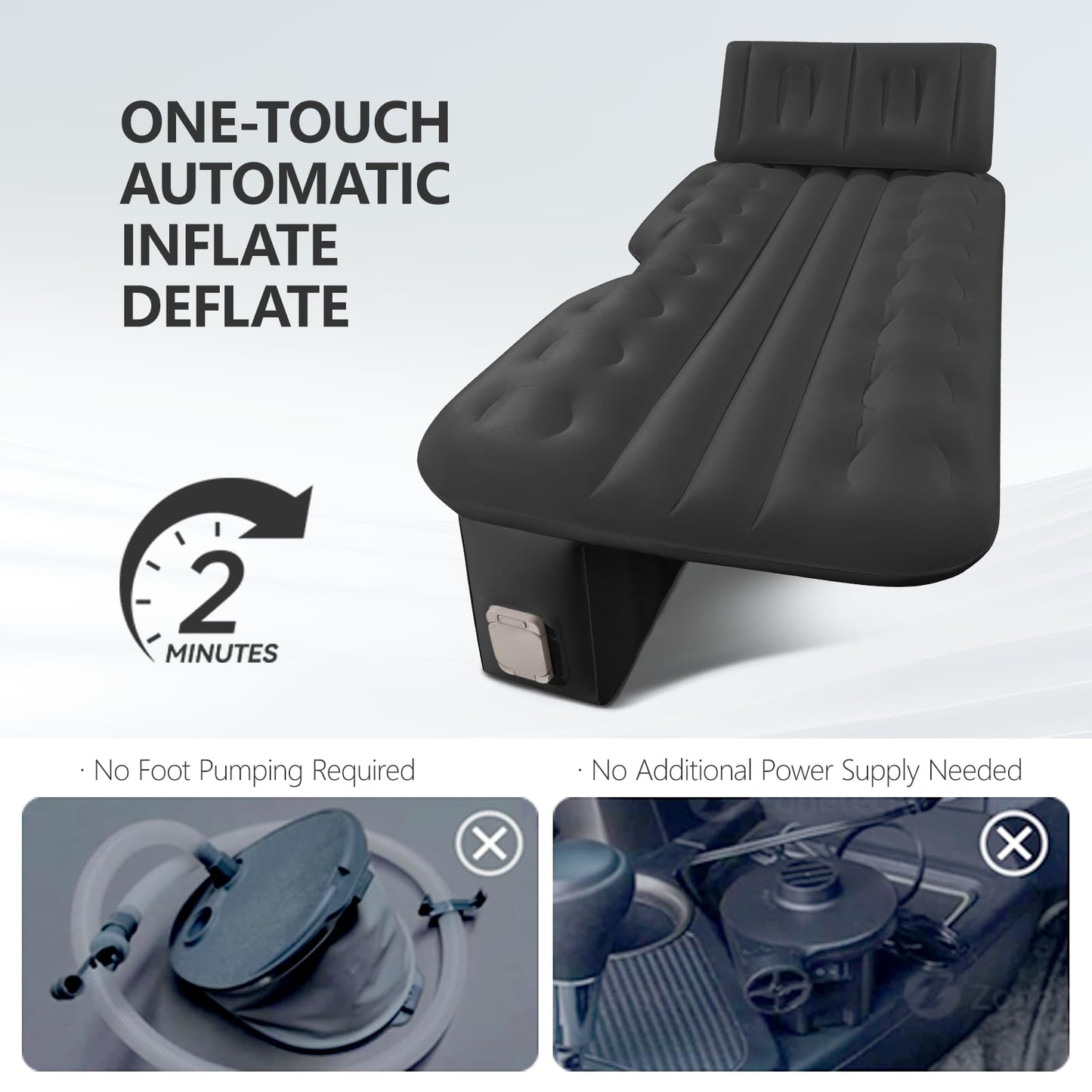 BEBAS Car Air Mattress - Truck Back Seat Bed & SUV Sleeping Pad, One-Piece Thickened Self-Inflating Travel Airbed, with Wireless Air Pump & Pillow | Black