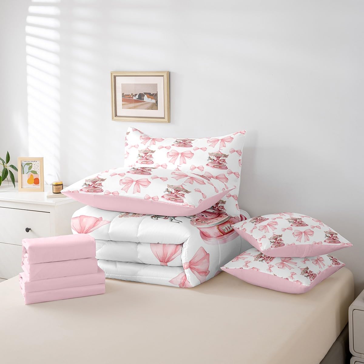 Erosebridal 7 Piece Girls Pink Princess Kids Comforter Set King Bed in a Bag,Romantic Bowknot Carousel Bedding Set for Kids Children,Dreamy Bows Duvet Insert,Cartoon Horse Geometric Sheet Set