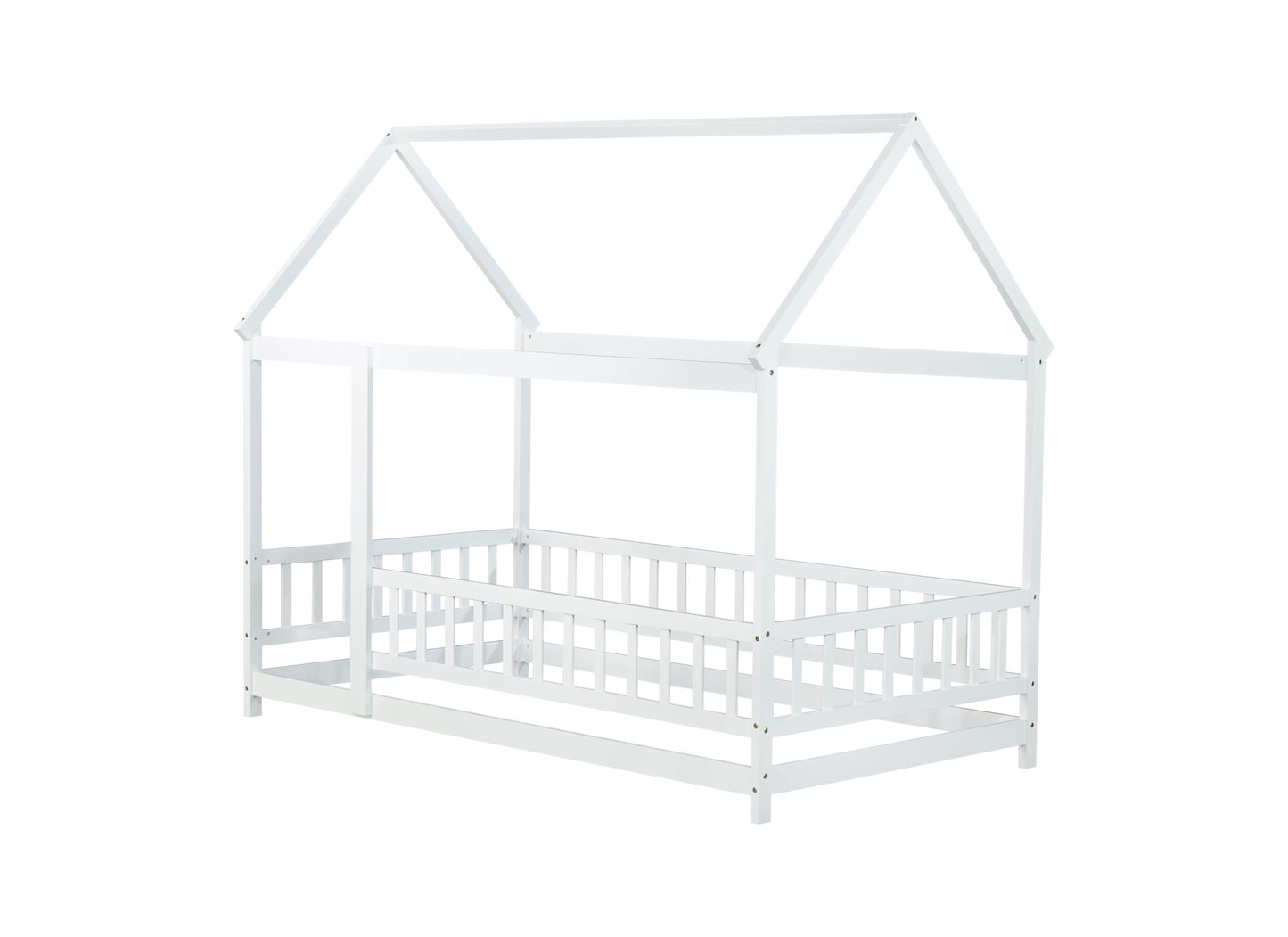 PVWIIK Twin Montessori Floor Bed with High Rails & Roof for Kids Bedroom,High Rails Bed Frame with Fence,No Box Spring Needed, White