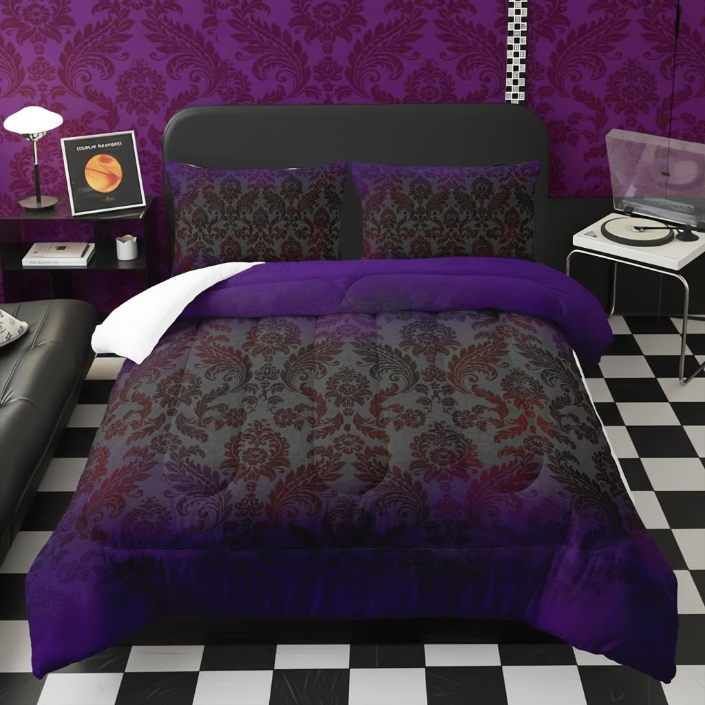lneffble Black Purple Paisley Floral Victorian Gothic Comforter Set Full，Gothic Bedding Set Full Purple，with 1 Comforter with 2 Pillow Case，Halloween Room Decor for Bedroom