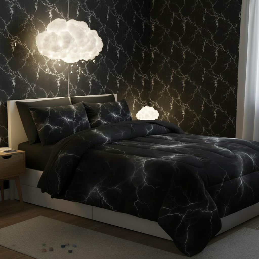 QOOMO White Lightning 7 Pieces Comforter Set Queen Size,Lightning Bedding Set for Kids-Include 1 Comforter,1 Fitted Sheet,1 Flat Sheet,2 Printing Pillowcases and 2 Black Pillowcases
