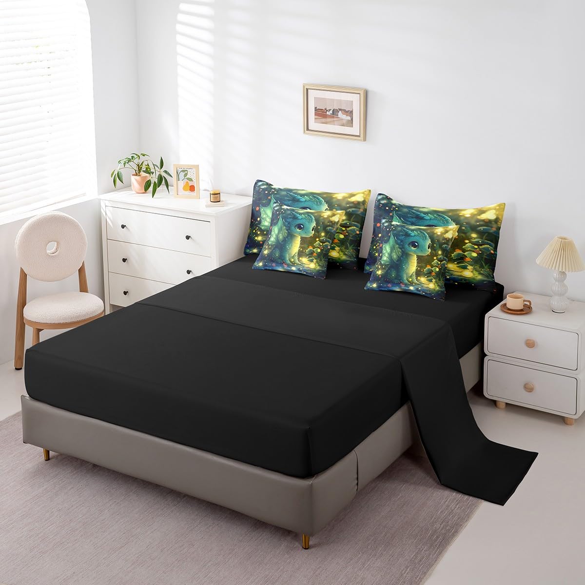 Feelyou Dragon Comforter Set with Sheets Twin Size Dragon Stuff Bed in a Bag for Boys Girls Teens Kawaii 7 Pieces Bedding Set Dragon Decor Bed Set Room Decor Bright Green