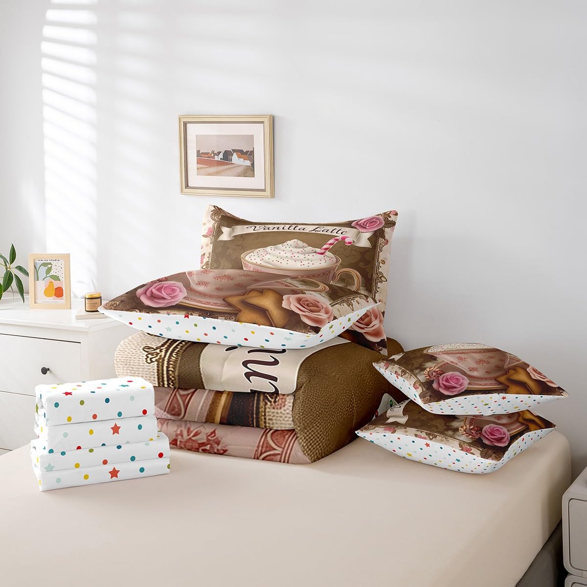 Erosebridal Vanilla Lattle Comforter Set Full Size,Romantic Rose Bedding Set for Kids Teens,Fragrant Coffee (Comforter+Fitted+Flat Sheet+2 Pillowcases+2 Throw Pillow Covers) 7 Pieces Bed Set