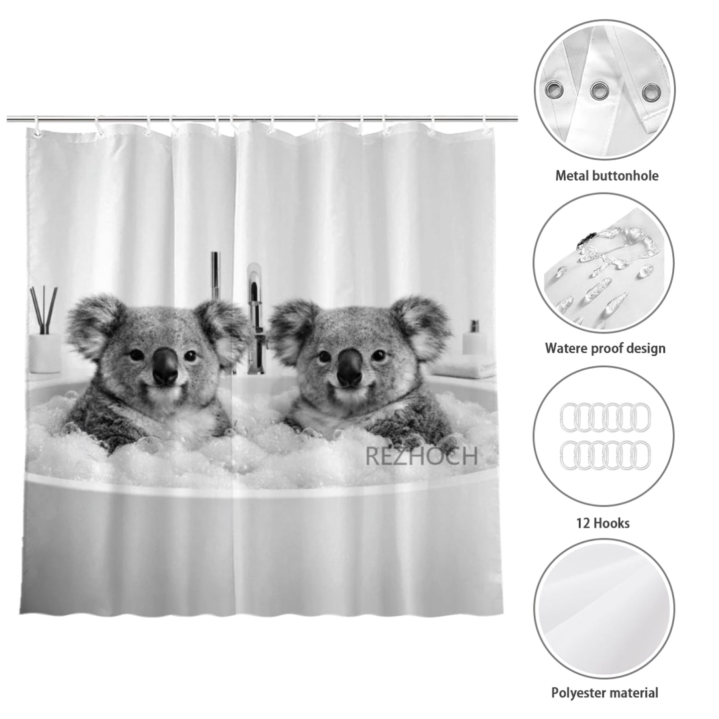 REZHOCH Modern Minimalist Funny Koala Shower Curtain 72x72 Inch, Luxury Black and White Cute Animals in Bathtub Bubbles Bathroom Decor,Waterproof Fabric Bath Set with Hooks