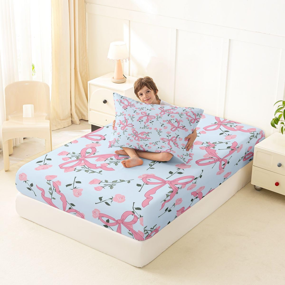 jejeloiu Blue Floral Bowknot Fitted Sheet Twin Size for Kids Boys Girls Romantic Princess Style Bowknot Bed Sheets Set 16" Deep Pocket Cute Coquette Bow Bedding with 1 Pillowcase Room Decor