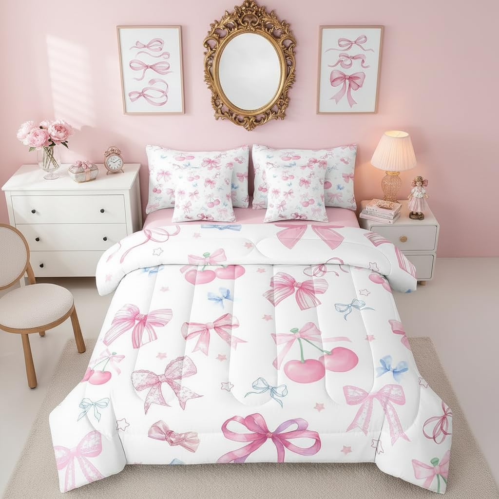 7 Pieces Pink Bow Girls Comforter Set Full,Cherry Bowknot Print for Kids Girl Woman,Butterfly Bow Bedding Cute Sweet Princess Style Comforter+Fitted+Flat Sheet+2 Pillowcases+2 Throw Pillow Covers