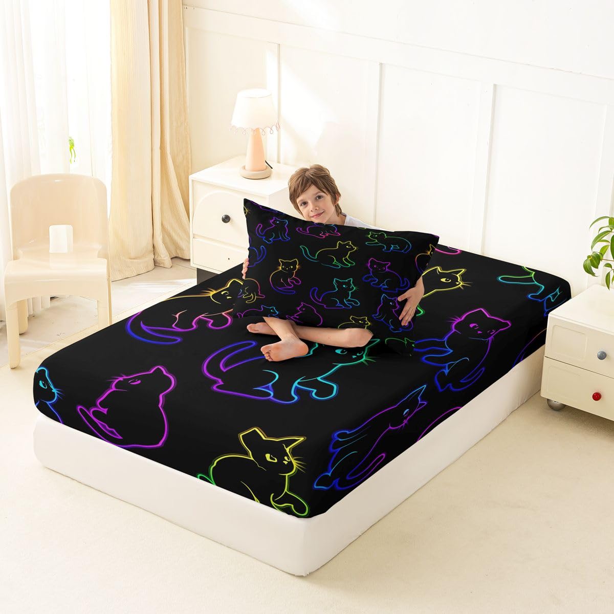 Feelyou Cat Fitted Sheet Twin Size for Kids Boys Girls Halloween Themed Bed Sheets Set 16" Deep Pocket Soft Breathable Microfiber Trick or Treat Bedding with 1 Pillowcase Scaredy Cat Room Decor