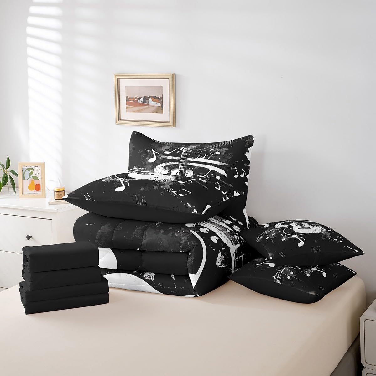 Feelyou Guitar Comforter Set with Sheets Queen Size Rock Music Bed in a Bag for Boys Girls Teens Black 7 Pieces Bedding Set Soft Lightweight Microfiber