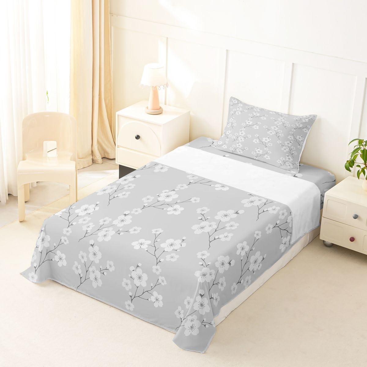 Erosebridal Plum Blossom Branch Bed Sheets Set Twin Rustic Farmhouse Cabin Sheet Set Grey White Botanical Sheets Floral Print Flat Fitted Sheet
