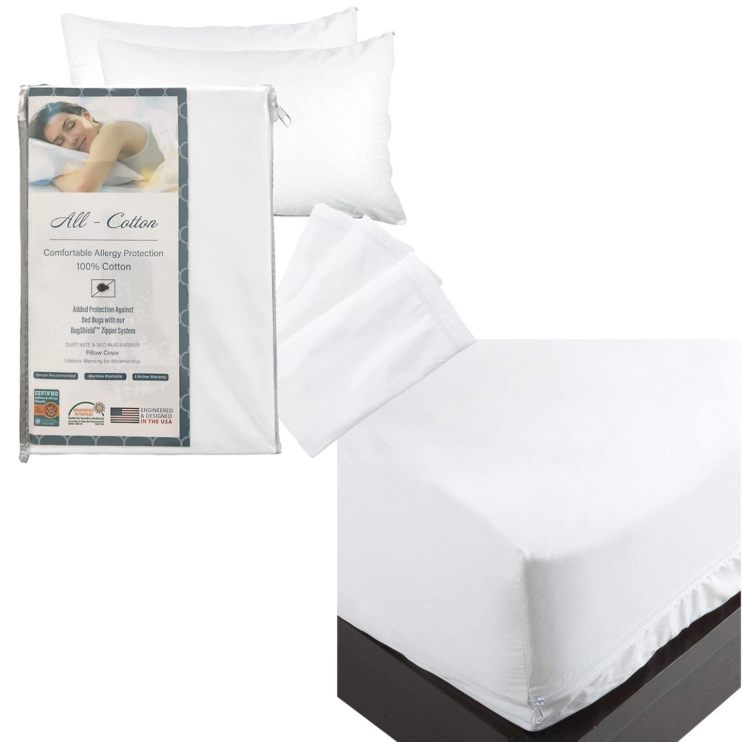 National Allergy Bedding Set Bundle - Queen Size - 100% Cotton Hypoallergenic Pillow Cover (2 Pack) & Mattress Protector / Encasement