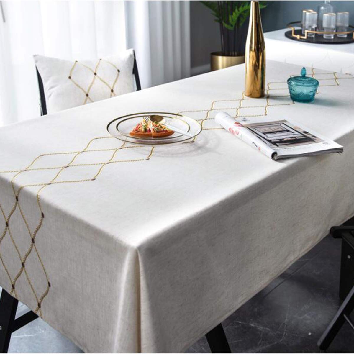 Bringsine Embroidery Geometric Tablecloth Heavy Weight Cotton Linen Fabric Water-Proof Table Cover for Kitchen Dinning Tabletop Decoration (Rectangle, 53 x 102 Inch)