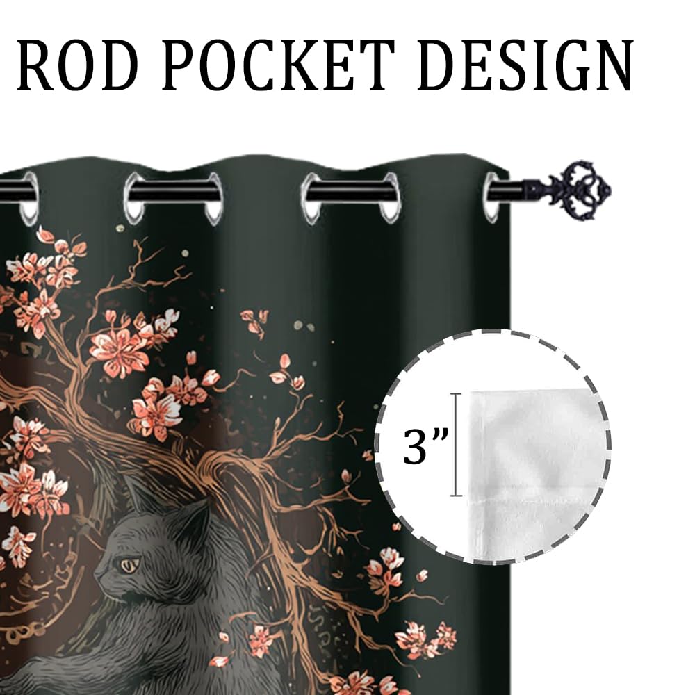XSUPFLYM Beautiful Japanese Yin Yang Cat Privacy Perforated Curtains Retro Anime Cherry Blossom Floral Ocean Waves Animals Curtains Top Grommets Window Treatment 2 Panels.Each 21" W x 54" L