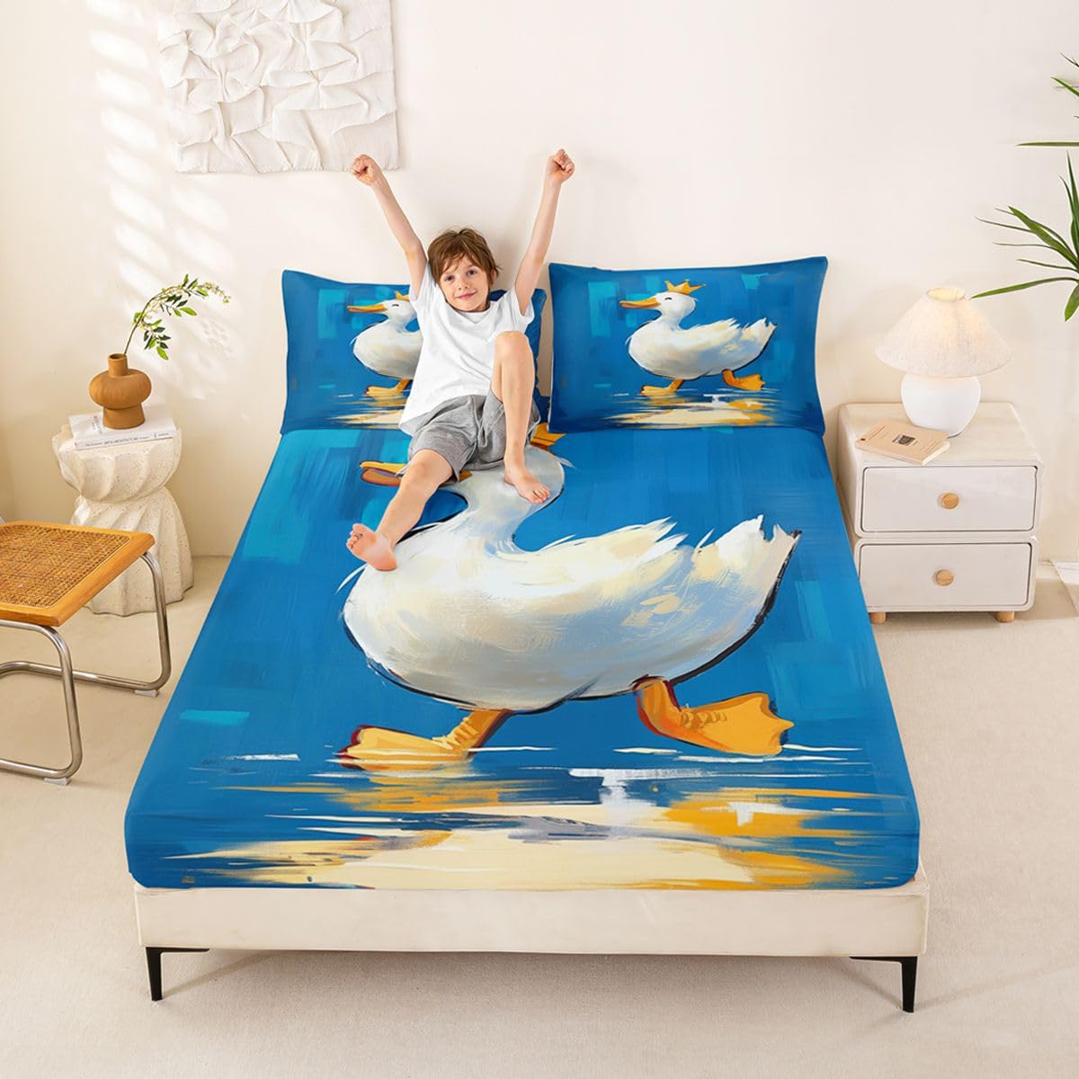 Erosebridal Cartoon Duck Bed Sheets Set Full Crown Duck Sheet Set Fun Whimsical Animal Sheets Farmhouse Pet Flat Fitted Sheet