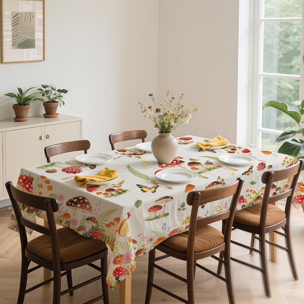 ANATTASOUL Mushroom and Flower Rectangle Table Cloth Waterproof 6ft Fall Spring Summer Tablecloth, 84"x60" Stain Resistant and Wrinkle Free Table Cover for Dining Party Buffet Camping Wedding