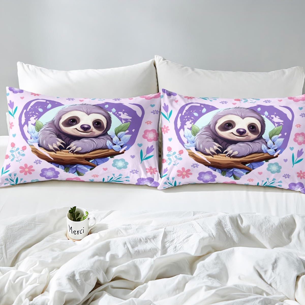 Manfei Cute Sloth Bed Sheet Set Twin Size,Kawaii Wild Animal Jungle Branch Sheet Set Kids Teens,Nature Flowers Leaves Graffiti Purple Bedding Set with 1 Flat & 1 Fitted Sheet with 1 Pillow