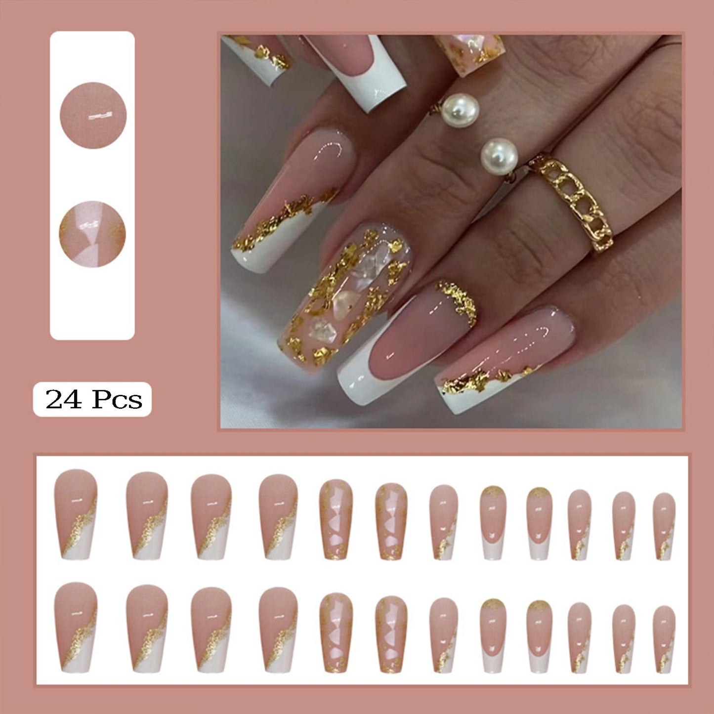 Medium Square Press On Gold Foil False Nails - French Tip, White Tip, Glitter Acrylic - 24 Pcs