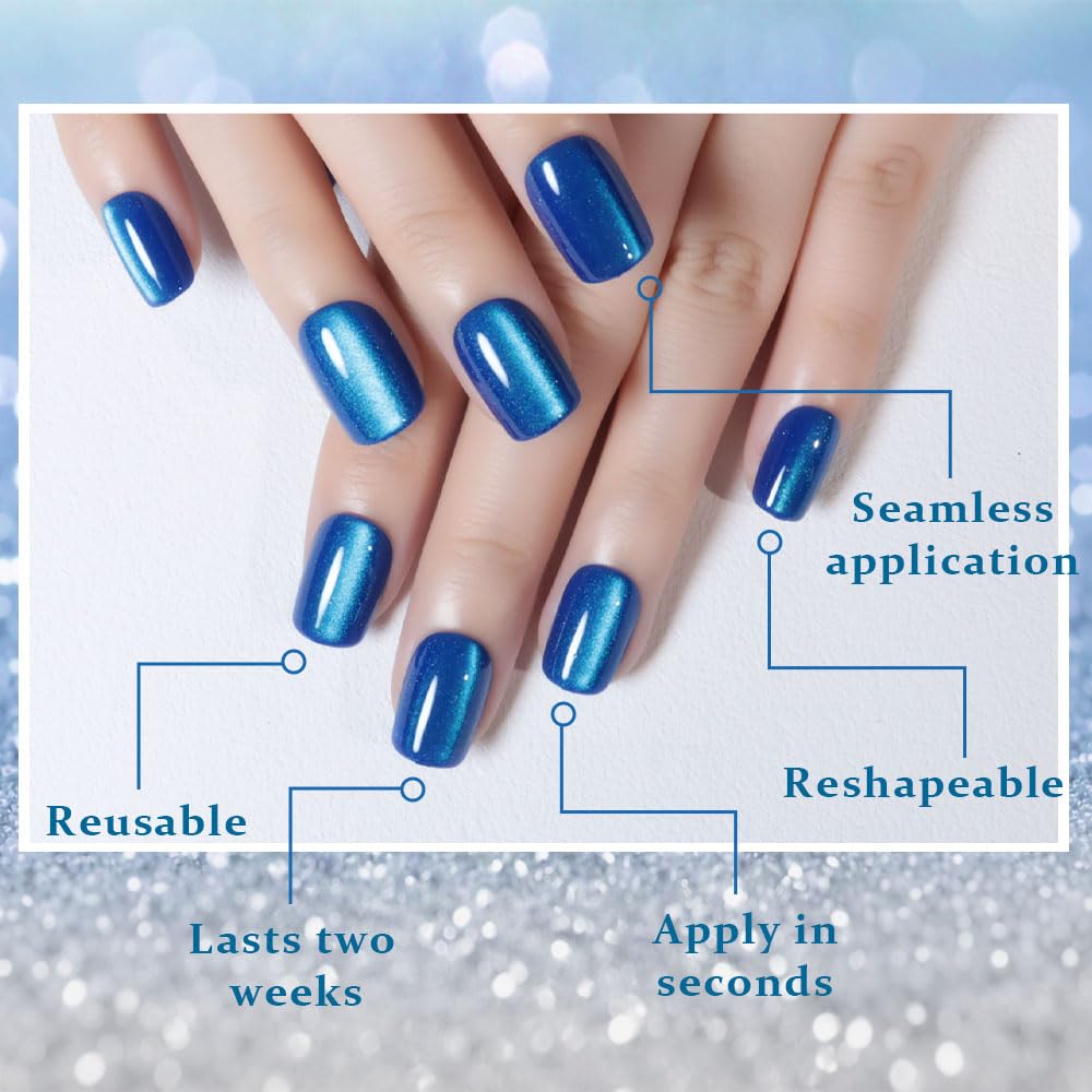 evpct Blue Cat Eye Extra Short Square No Glue Press on Nails, Petite Short Square Stick on Nails for Women Gift, Blue Glossy Glitter Fake Nail Reusable, Soft Press on Acrylic False Nail with Designs