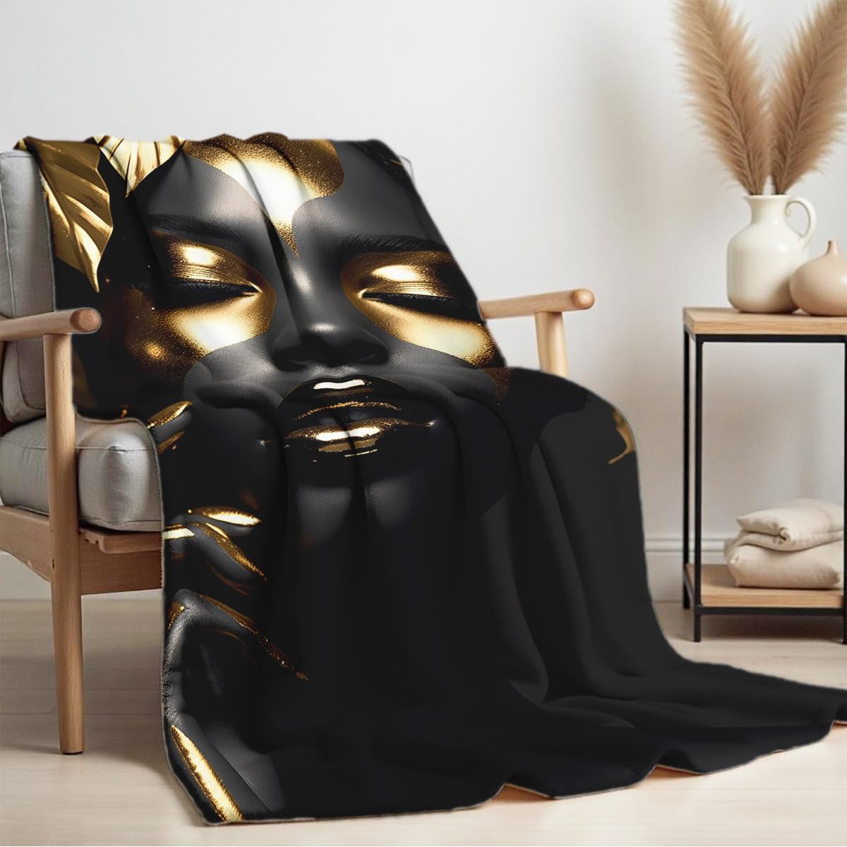 HUNXIAOJ African American Woman Blanket Throw Black Gold Print Flannel Blanket Gifts for Girls Female Women African American Couch Bed Living Room Home Decor 49"x59"