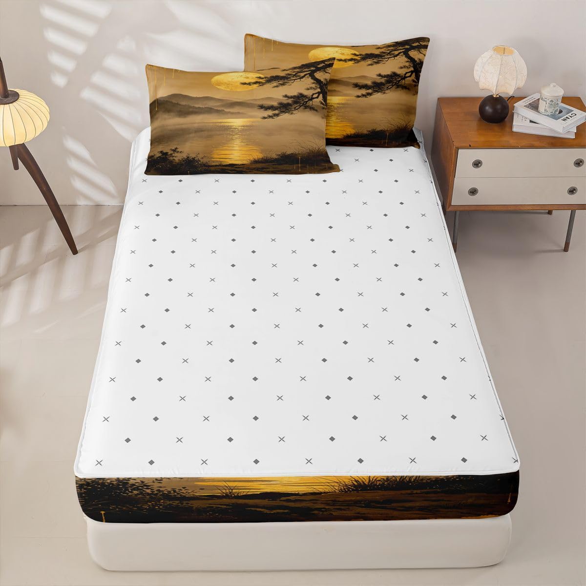 Feelyou Landscape Zipper Bedding for Kids Sunset Full Comforter Set with Fitted Sheet 2 Pillowcases Japanese Bed in a Bag Soft Lightweight Microfiber