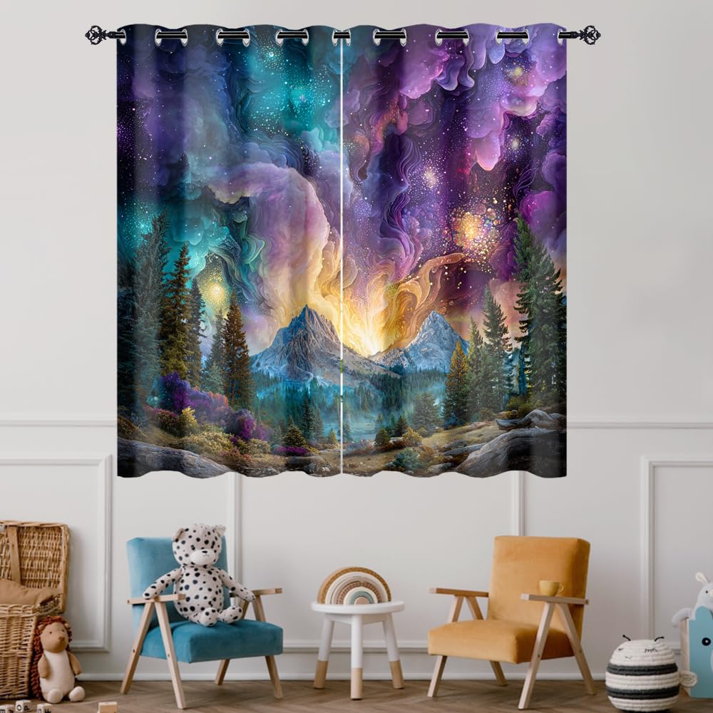 XSUPFLYM Beautiful Realistic Starry Sky Window Blackout Curtains Modern Fantasy Galaxy Nebula Landscape Mountain Plant Pine Forest Thermal Curtains Suitable for Bedroom 2 Panels.Each 21" W x 45" L
