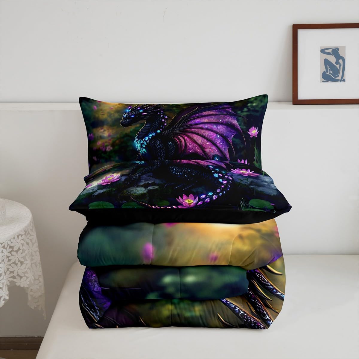 Feelyou Dragon Comforter Set Twin Size Dragon Stuff Comforter for Boys Girls Teens Wild Life Bedding Set Lotus Flower Duvet Set Room Decor Green Purple Quilt Set