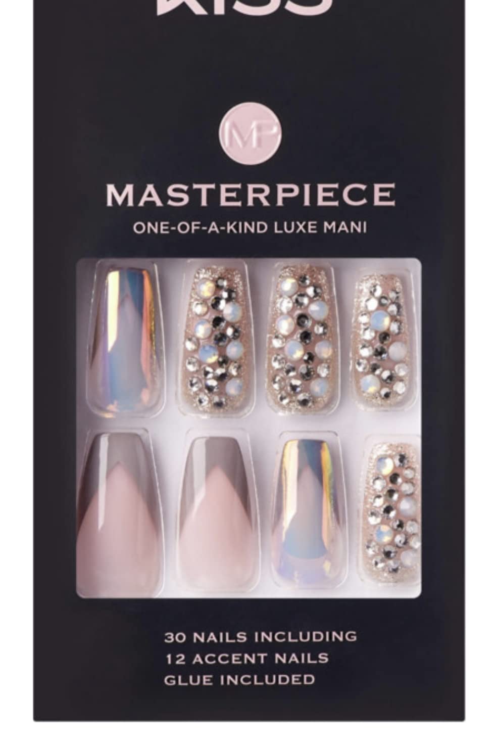 KISS Masterpiece One-Of-A-Kind Luxe Mani Premium Special Effects Design Coffin Shape Glossy Iridescent Glue-On Long Length Nails with Faux Jewels MP01 Love It