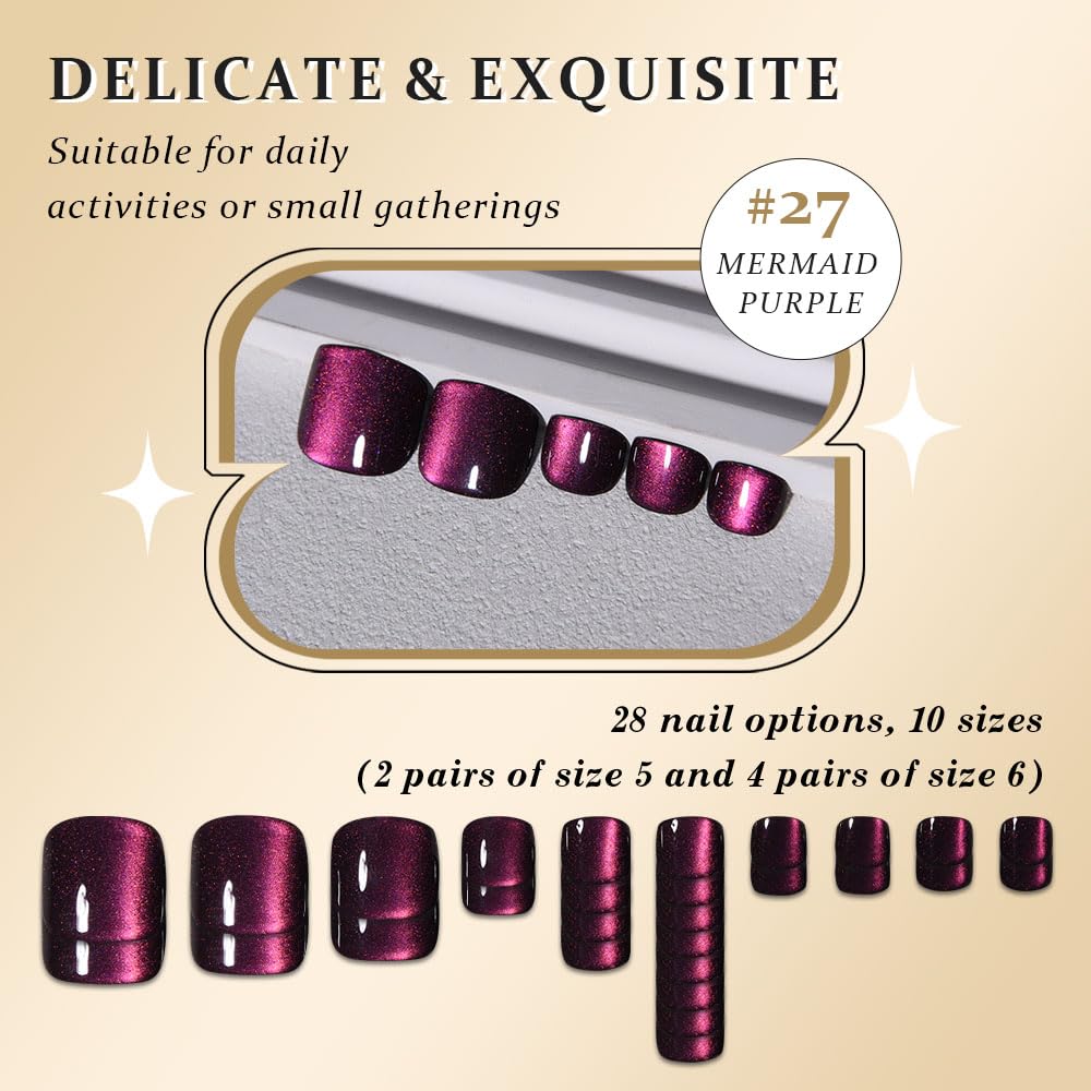 evpct Deep Purple Glitter Cat Eye Press on Toenails, Summer Beach Style Mermaid Purple Glossy Glitter No Glue Fake Toe Nails for Women, Reusable Full Cover Soft Acrylic Fake Toenails Perfectly Fit