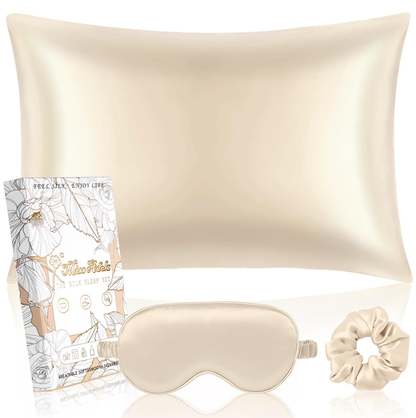 Miss Adola Mulberry Silk Pillowcase Set - 1 Pc Silk Pillowcase with Eye Mask & Scrunchie, Soft Standard 20"x26" Pillow Case for Hair and Skin, Sleeping Gift for Women, Champagne Gold