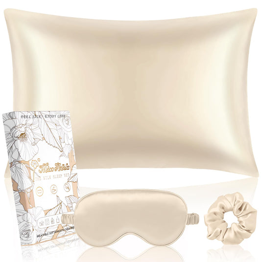 Miss Adola Mulberry Silk Pillowcase Set - 1 Pc Silk Pillowcase with Eye Mask & Scrunchie, Soft Standard 20"x26" Pillow Case for Hair and Skin, Sleeping Gift for Women, Champagne Gold