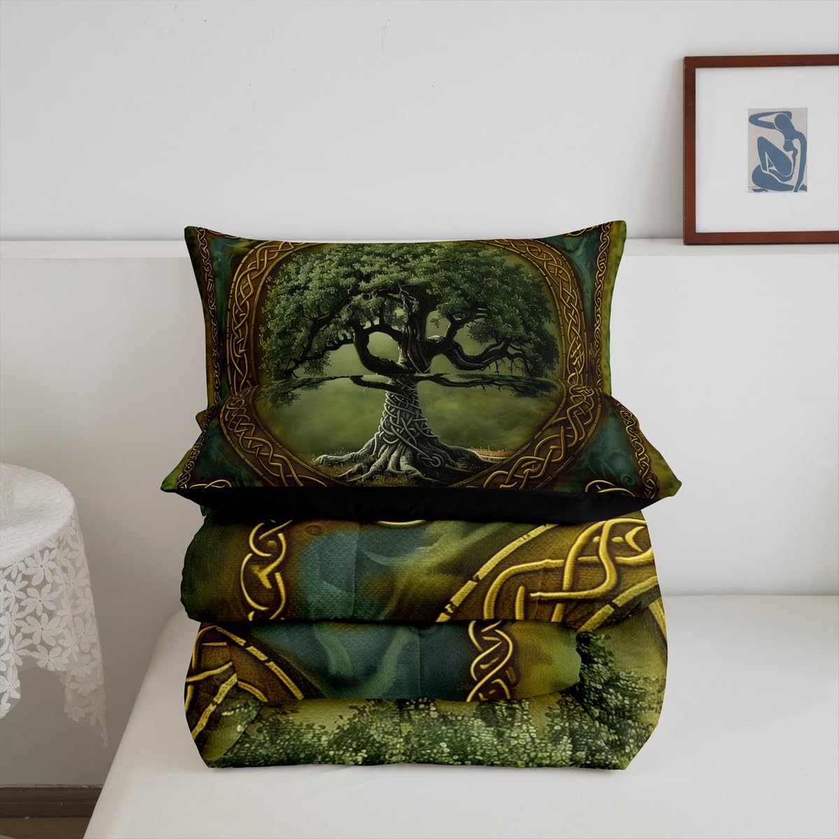 Manfei Tree of Life Comforter Set,Mystic Tree Boho Exotic Style Green Bedding Set for Teens Adults Room,Tribal Golden Branches Geometric Circle Grid Quilt Set 3 Pcs with 2 Pillowcases,Queen