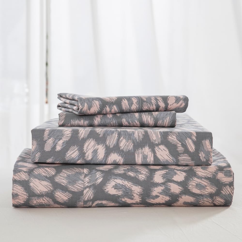 DAUAOTO King Size Printed Sheets Set, 100% Cotton Bedding Sets, Up to 14" Deep Mattress, Modern Pattern Bedlinen Set, Leopard Gray