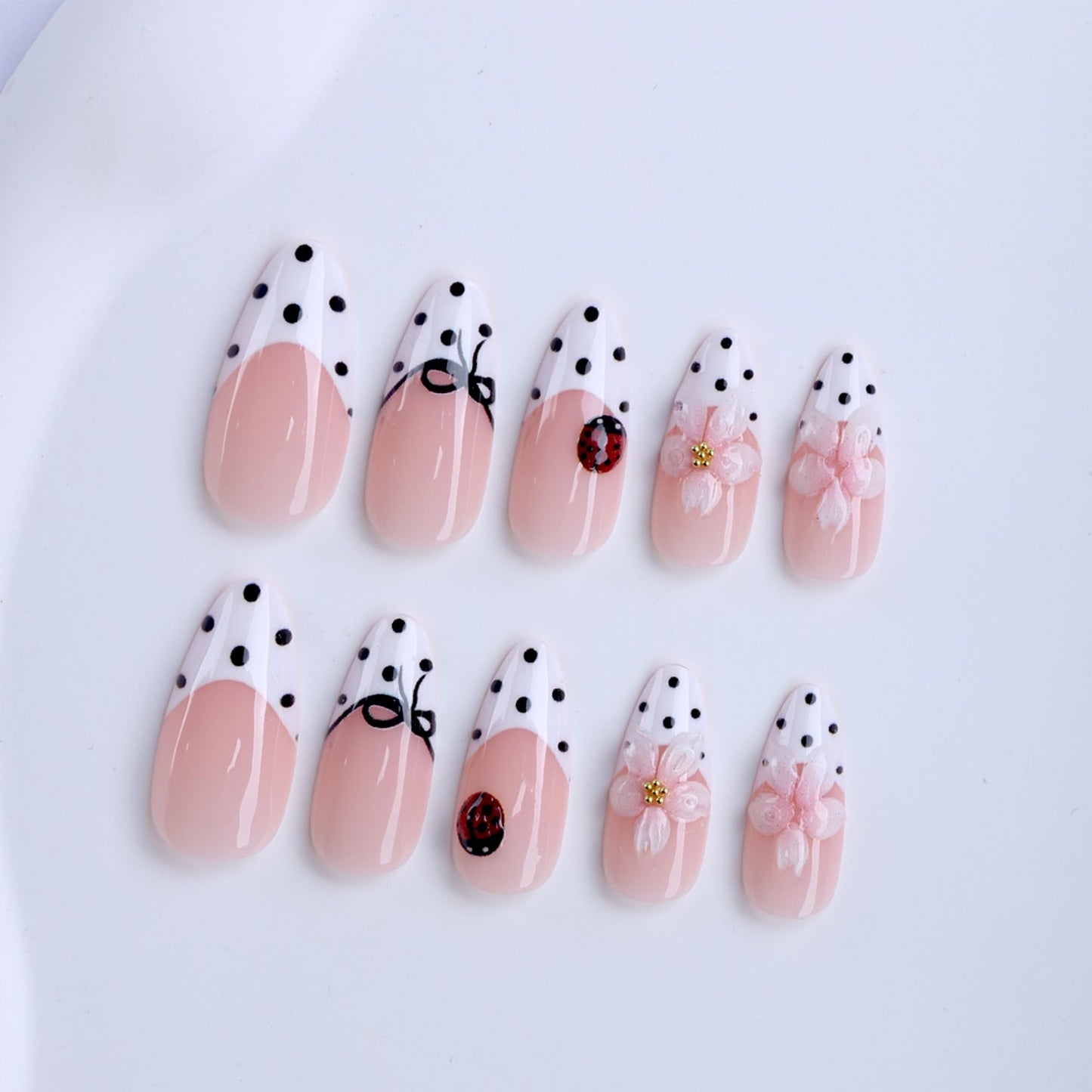 Long Press on Nails Almond Fake Nails White Acrylic Nail Press Ons Seeneey French Stick on Nail Polka Dot Bow 3D Flower Ladybug Glossy Full Cover for Women 24pcs