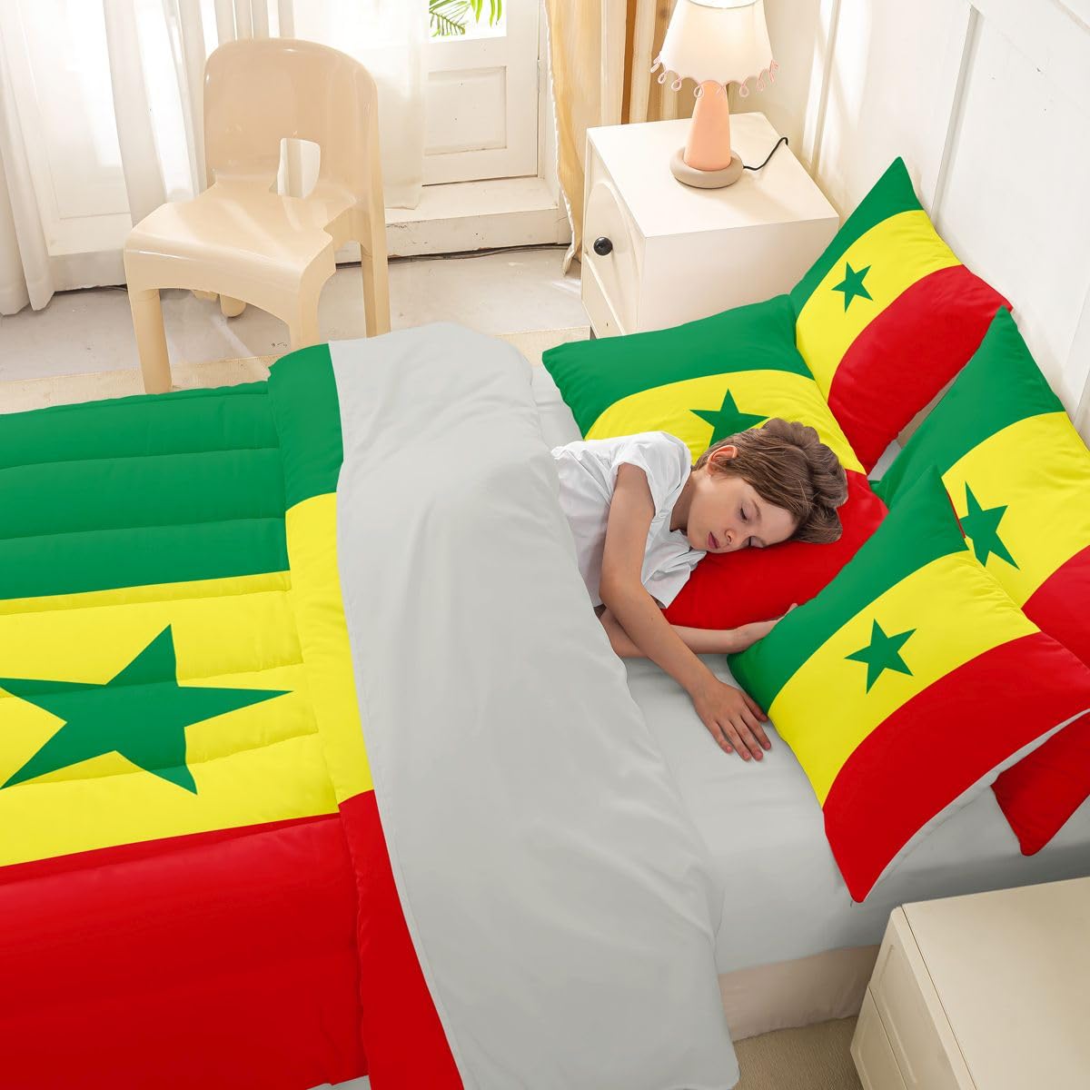 Feelyou Senegal Paisley Flag Comforter Set with Sheets 7 Piece King Size Senegalese Paisley Bedding Set for Kids Boys Girls International Flag Bed in a Bag Room Decor Soft Lightweight Microfiber
