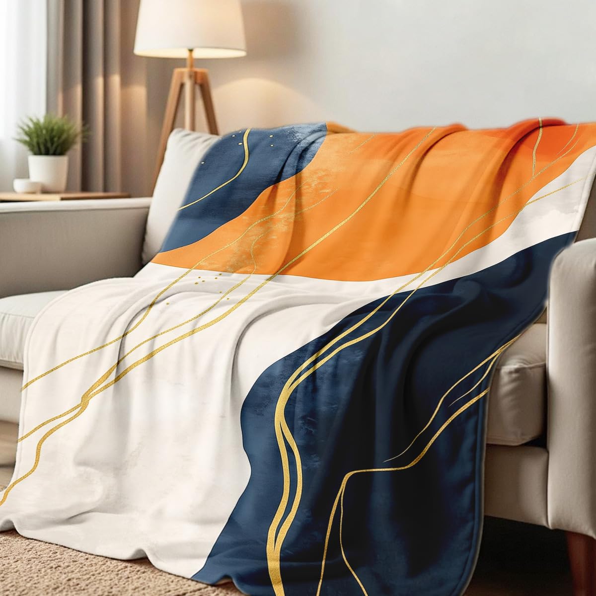 HUNXIAOJ Orange Blanket Throw for Couch Bed Abstract Print Blanket Soft Flannel Bedding Modern Bedroom Home Decor (49"x59")