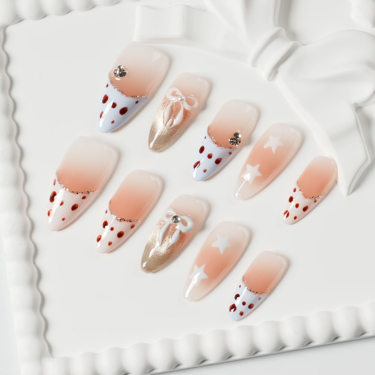 Tesytto Y2k Press on Nails Leopard Print - Gold Glitter French Tip & Bow Design, Medium Almond Nude Pink Gradient Acrylic Fake Nails for Women (Sweet Leopard Chic, M)