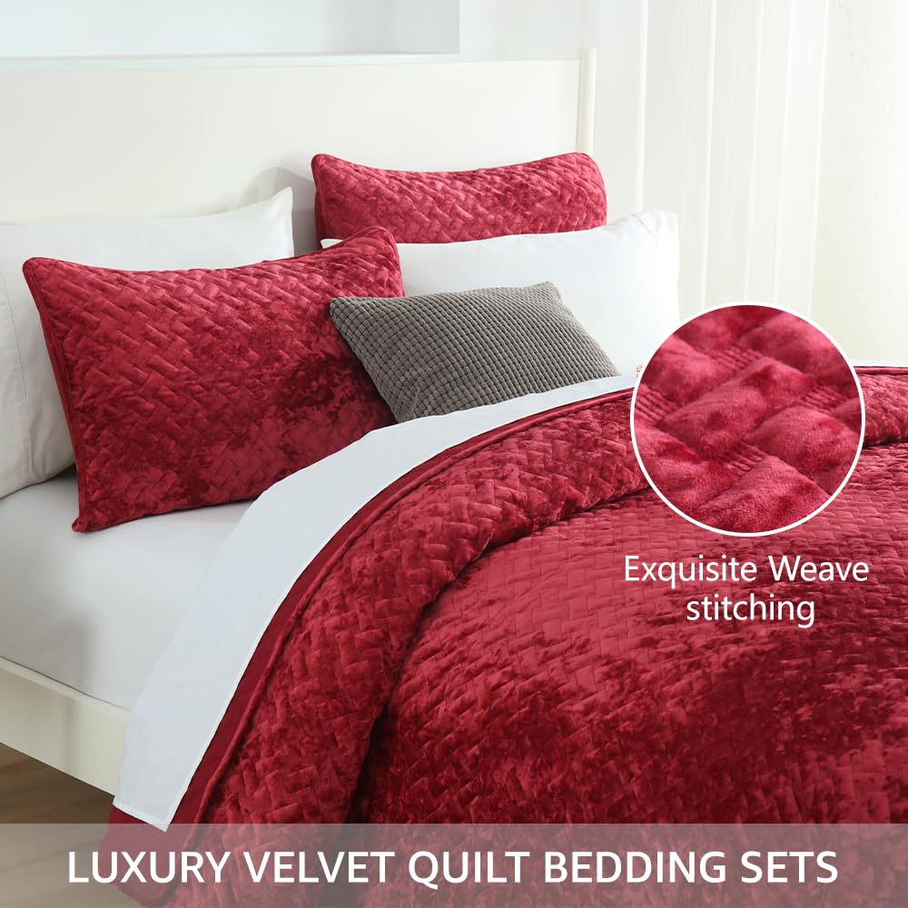 Liians Velvet Bedspread Quilt Bedding Sets,Luxury Elegant Ultra Soft Velvet Comforters Coverlet Blankets,Weave Stitching Pattern Cotton Quilted Bedspread for All Seasons,Red,King Size
