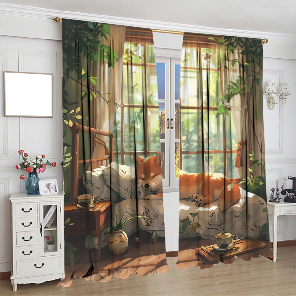 SOPIYRIO Cartoon Cute Dog Blackout Window Curtains Farmhouse Sleeping Animal Leaf Rod Pocket Curtains for Bedroom Thermal Insulating Drapes for Living Room 2 Panels 21 W x 45 L inch