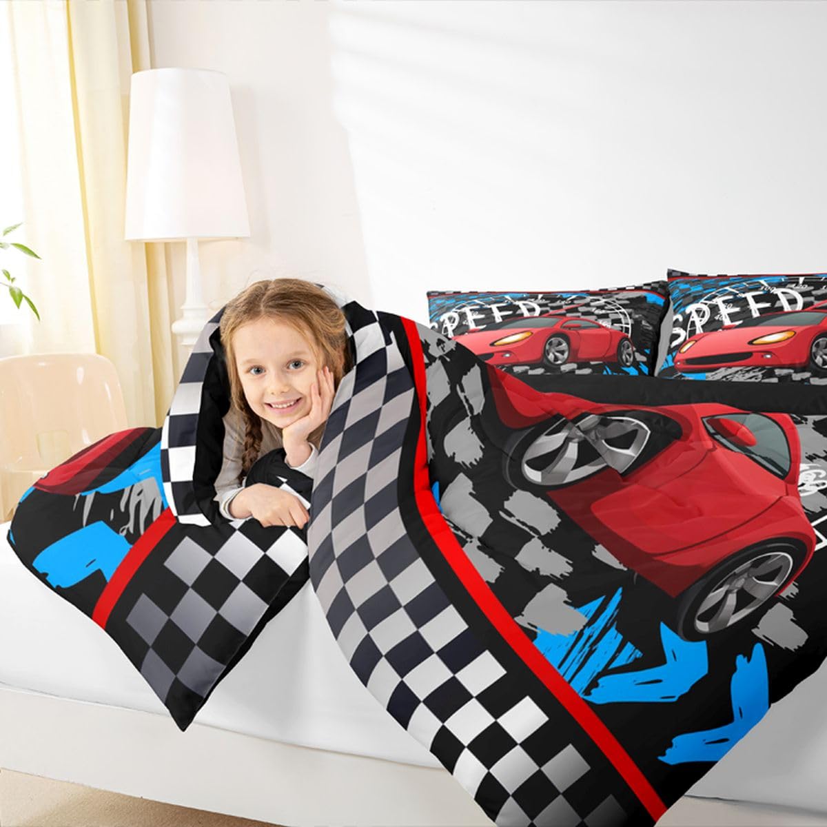 Feelyou Boys Race Car Bedding Set Cool Race Sports Car Set Comforter Set for Kids Boys Sports Theme Duvet Set Checkered Comforter Red 1 Comforter Set with 2 Pillowcases Full Size